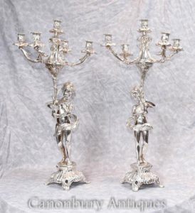 Paar Regency Silber Platte Cherub Candelabras Kerzenständer Putti Cherubim