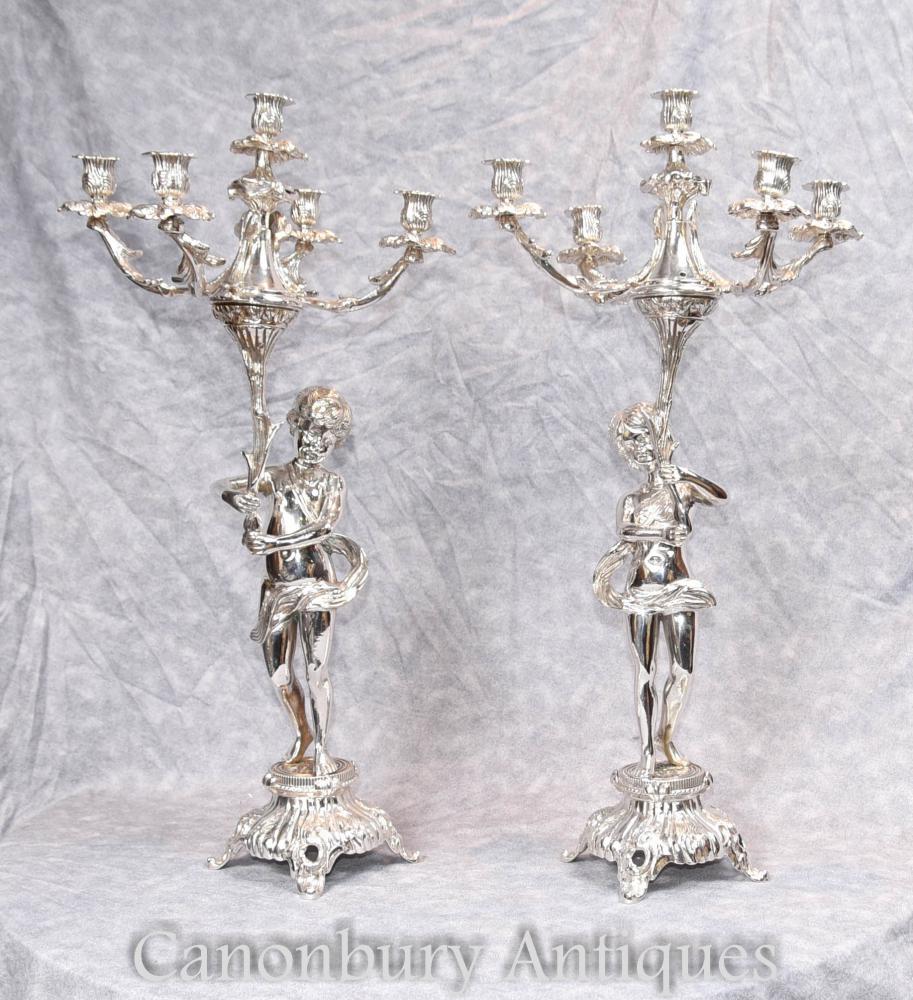 Paar Regency Silber Platte Cherub Candelabras Kerzenständer Putti