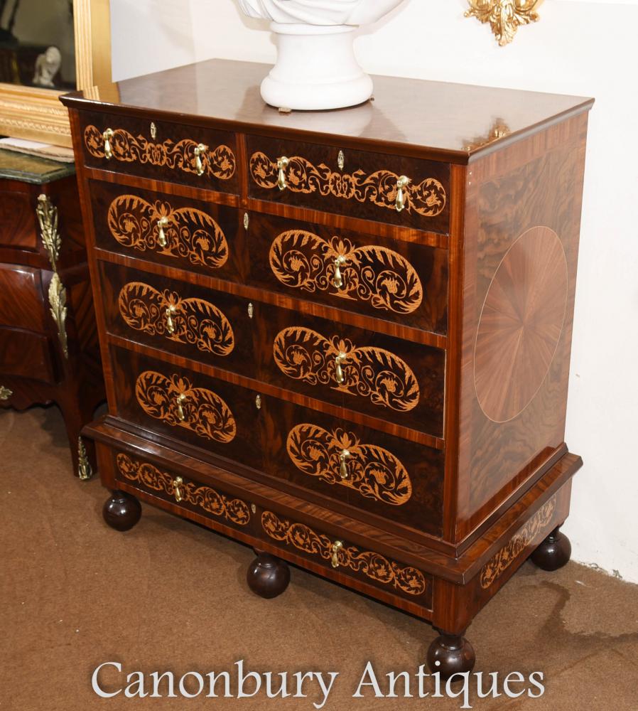 Mahagoni Queen Anne Chest Schubladen Kommode Intarsien Inlay - Englisch