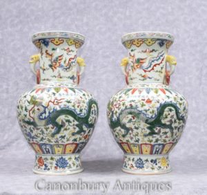 Paar Chinesische Qianlong Porzellan Vasen Drachen Urnen Keramik China