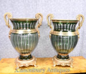 Paar Französisches Reich Schneide Glas Urnen Vasen Pflanzer Ormolu