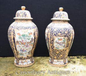 Paar Große chinesische Qing Porzellan Tempel Ginger Gläser Lidded Vasen Urnen