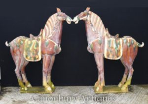 Paar große chinesische Porzellan Tang Pferde Pony Keramik China Pferd