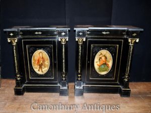Pair Antique French Ebonized Schränke Painted Plaques Credenza Sideboard