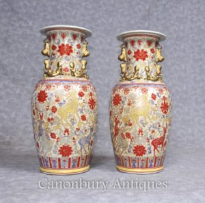 Pair Chinese Celadon Porcelain Vases Urns Hand Painted Deer