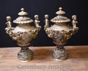Paar Französisch Jugendstil Antik Bronze Garten Urnen Vasen Cherub