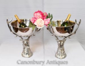 Silver Plate Paar Stag Champagner Kühler Wein Bowl Punch