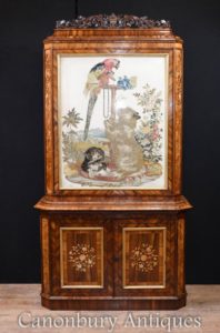 Viktorianische Bibliothek Walnut Inlay Cabinet Woven Tapisserie 1840