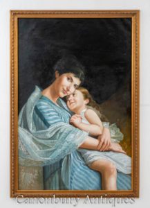 Französisches Ölgemälde Mutter und Kind lieben Porträt