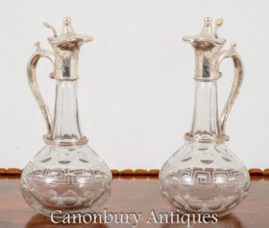 Paar viktorianische Rotweinkrüge Glas Glas Silberplatte Krug 1890 geschnitten