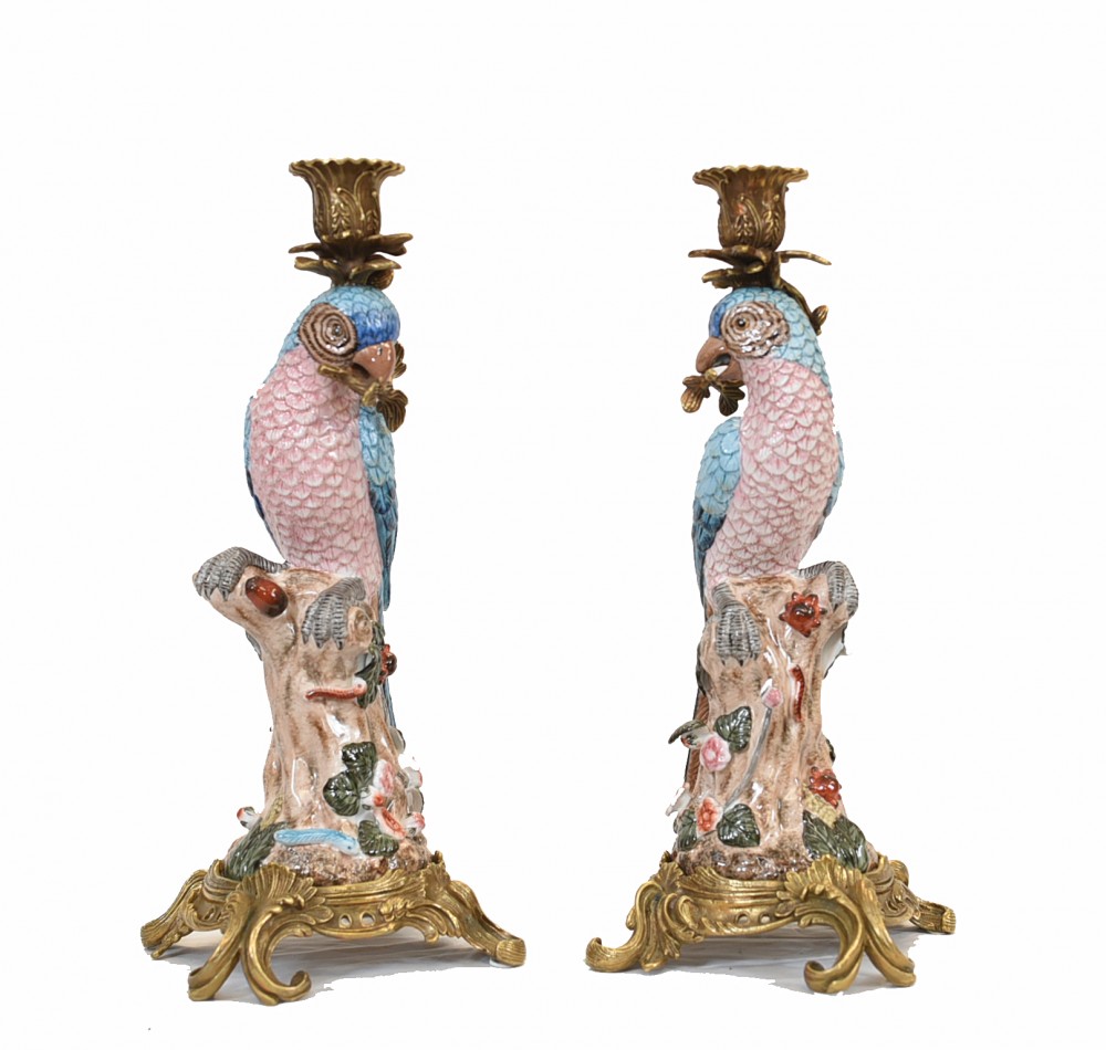 Paar Papageien Kerzenständer aus Porzellan Tropischer Vogel Französische Kerzenleuchter
