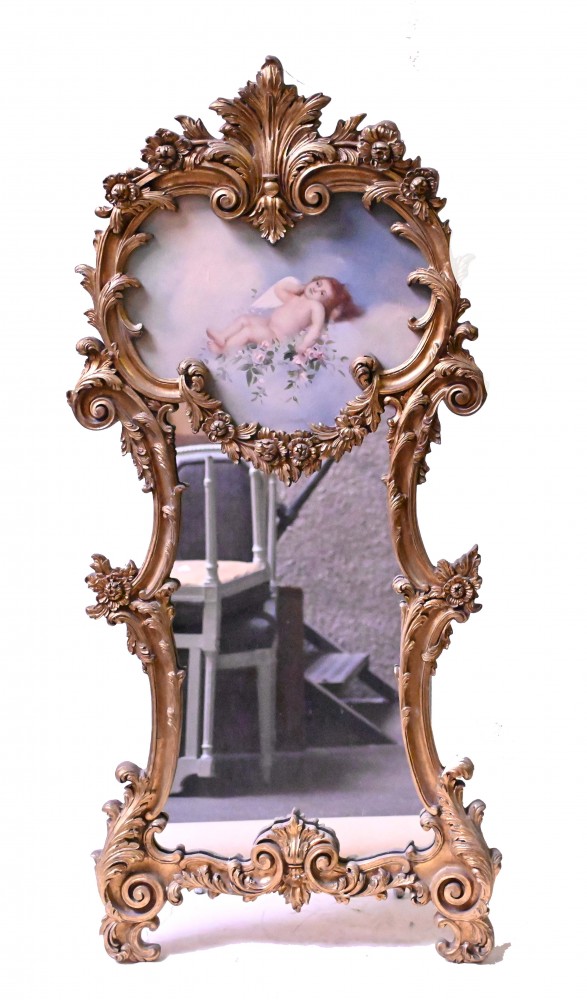 Rokoko-Engel-Spiegel, vergoldeter, geschnitzter Rahmen