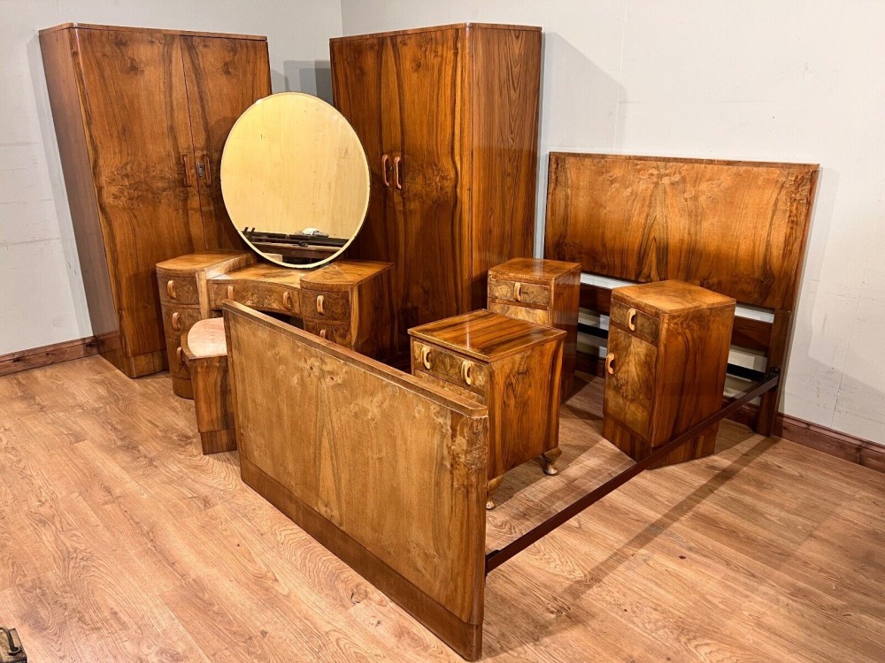Art-Déco-Schlafzimmergarnitur, Nachtkommode, Kommode, Kleiderschrank, Zeitraum der 1920er Jahre
