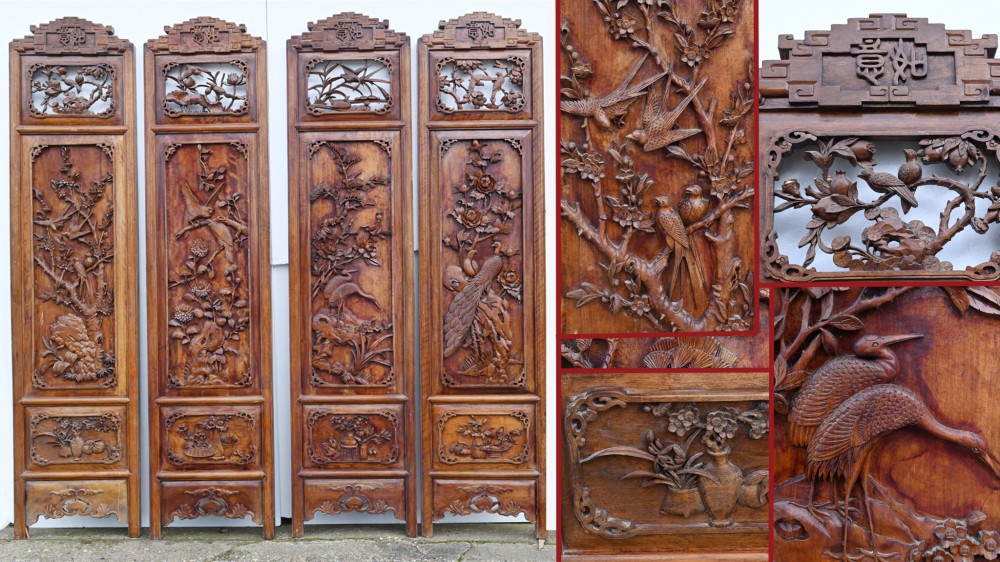Chinesische geschnitzte Raumteiler-Kranich-Vogel-Schnitzereien, antik, 1880