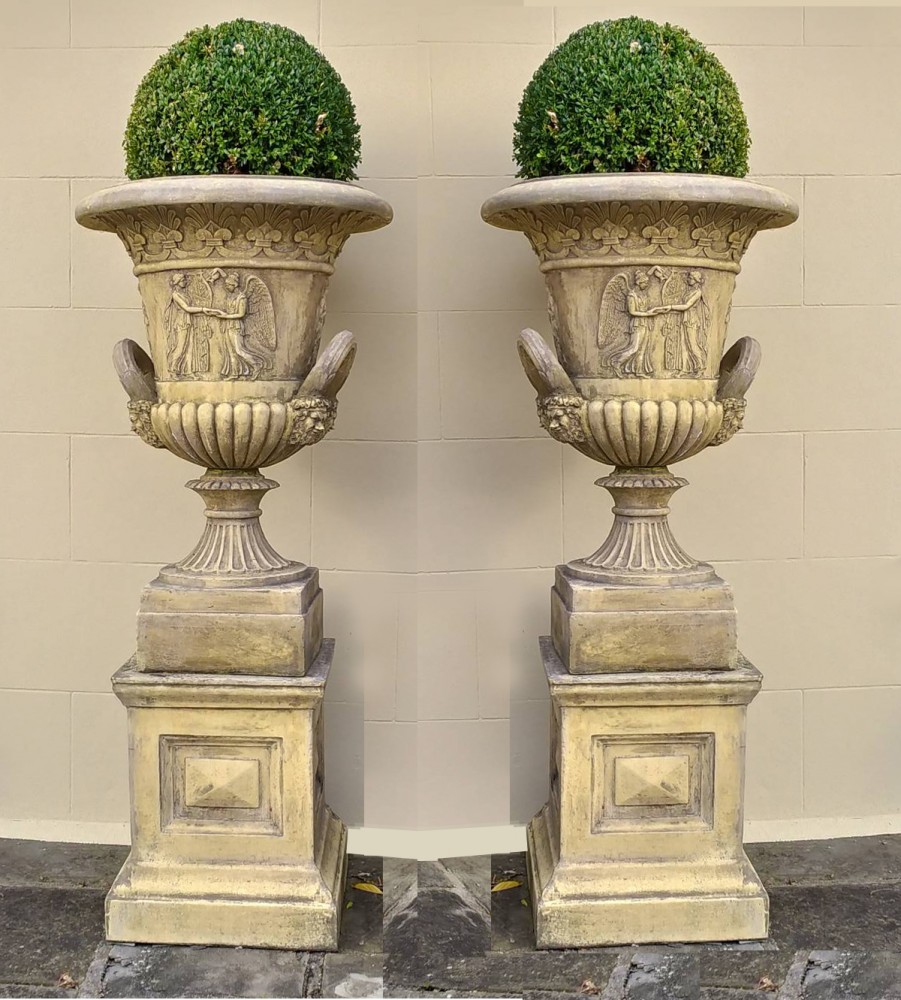 Paar Garten-Campana-Urnen mit Sockel, klassischer Thomas-Hope-Terrakotta