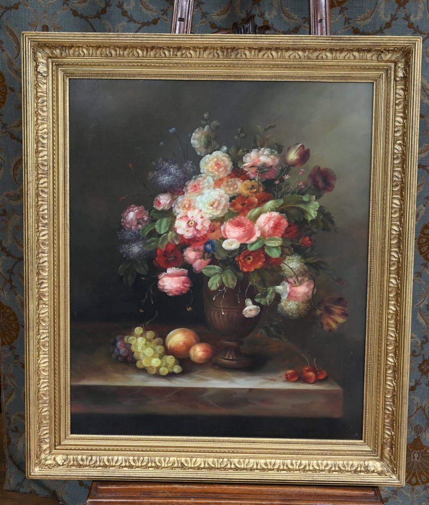 Viktorianisches Ölgemälde, Blumenarrangement, Blumenspray, vergoldeter Rahmen